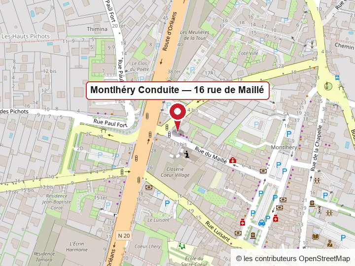 Plan de situation : Montlhéry Conduite, 16 rue de Maillé à Montlhéry, à l’angle de la route d’Orléans (N 20), en centre-ville.