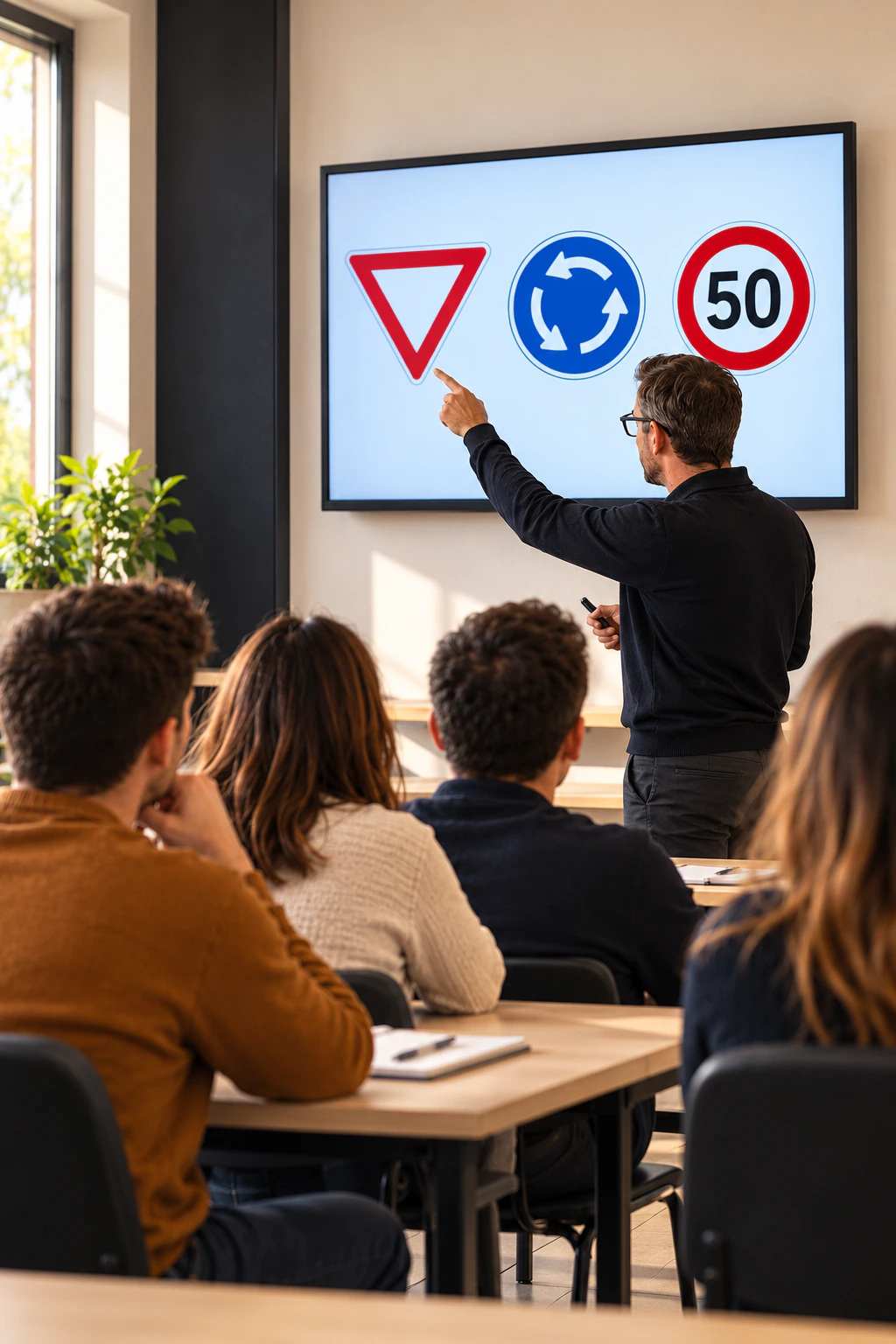 Illustration d’un cours collectif de code&nbsp;: un enseignant désigne un panneau de cédez-le-passage affiché à l’écran devant quatre participants